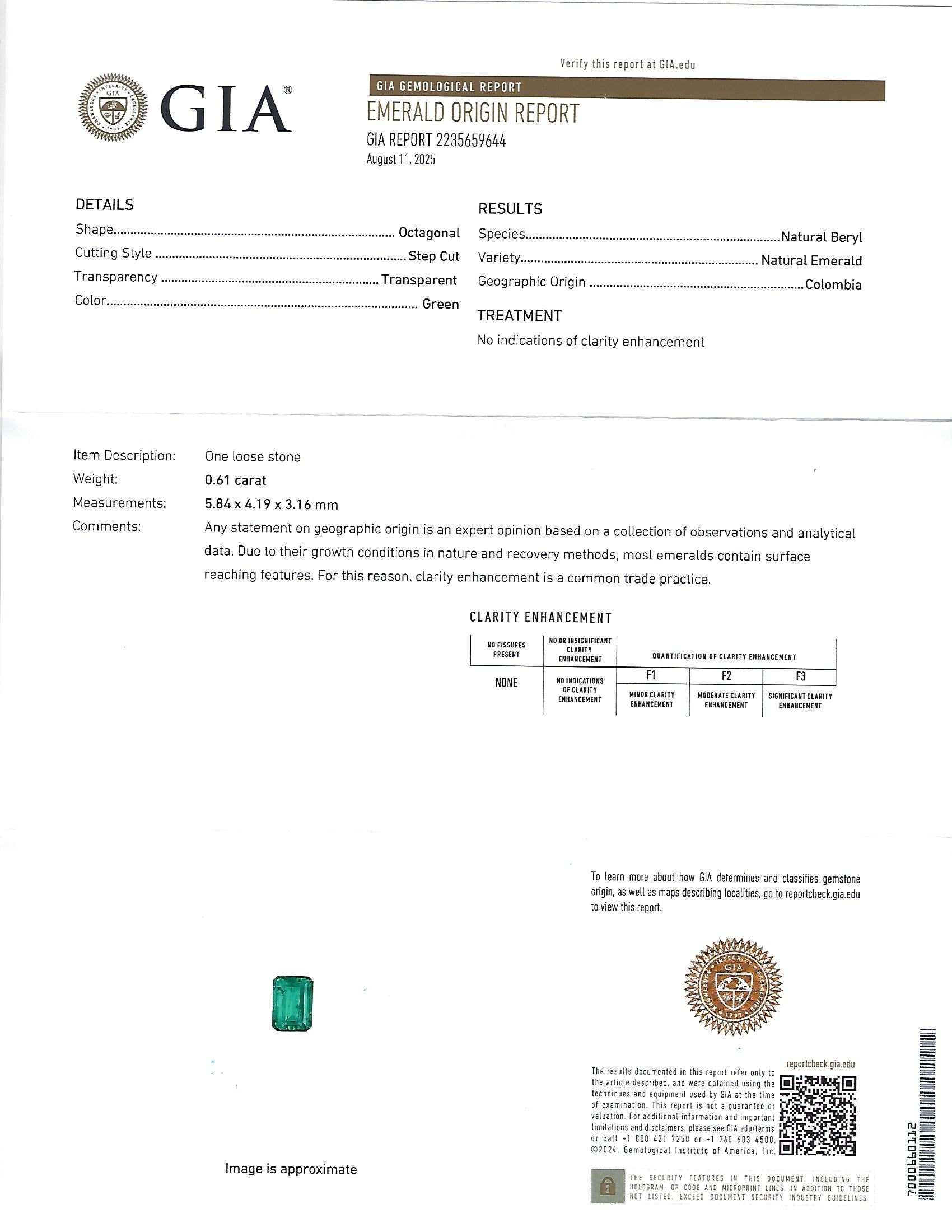 0.61ct GIA Colombian No Oil Emerald & 0.32ct Diamond Platinum Ring, Size 5.5