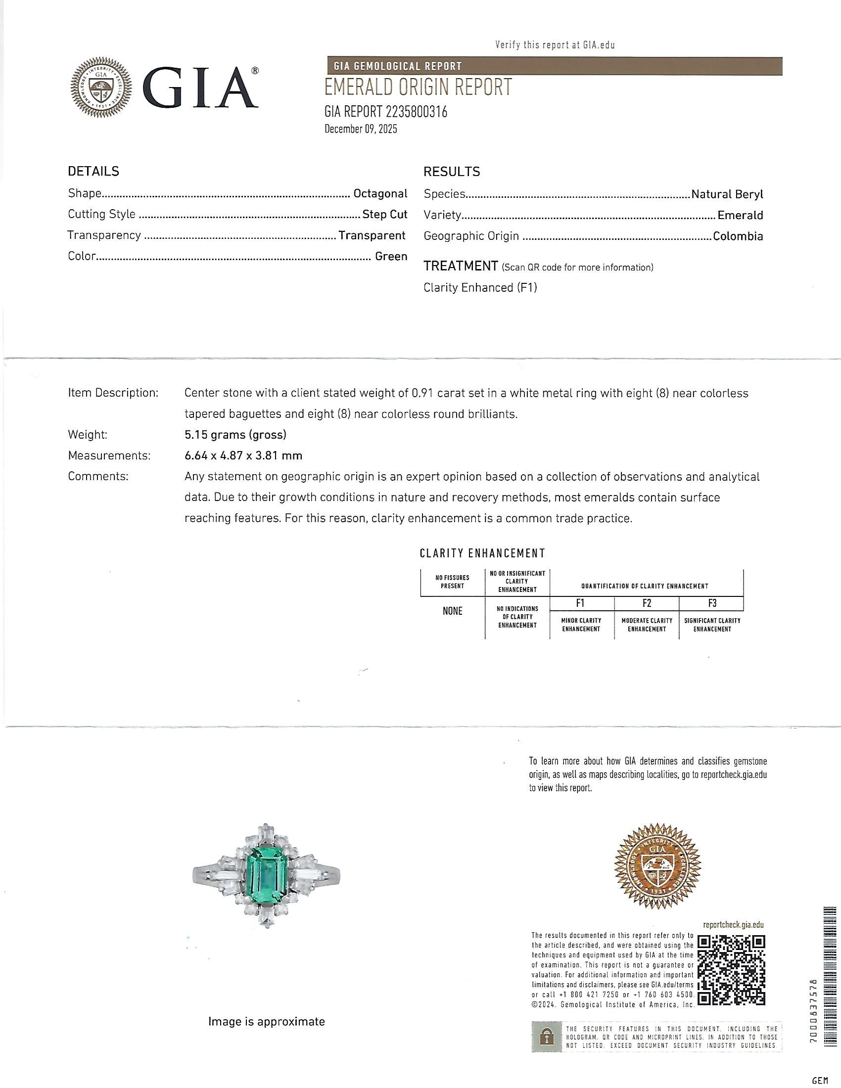 Fine 0.91ct GIA Colombian Emerald 0.51ct Diamond Platinum Ring Size 6.25