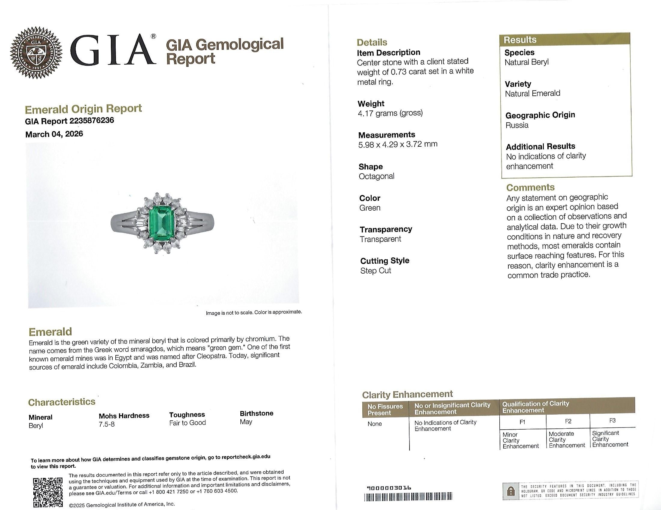 Fine 0.73ct GIA Certified No Oil Emerald 0.25ct Diamond Platinum Ring Size 5.75