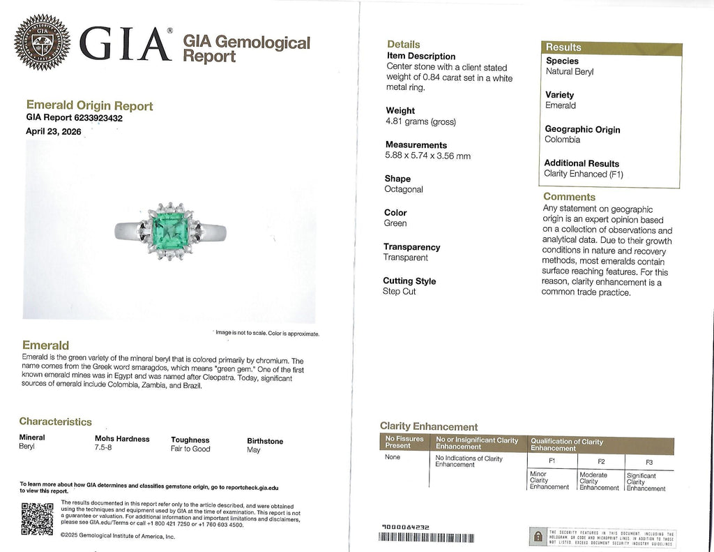 Fine 0.84ct GIA Colombian F1 Emerald & 0.30ct Diamond Platinum Ring Size 6.75