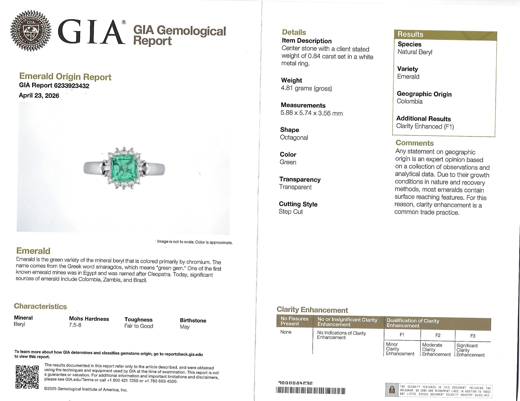 Fine 0.84ct GIA Colombian F1 Emerald & 0.30ct Diamond Platinum Ring Size 6.75