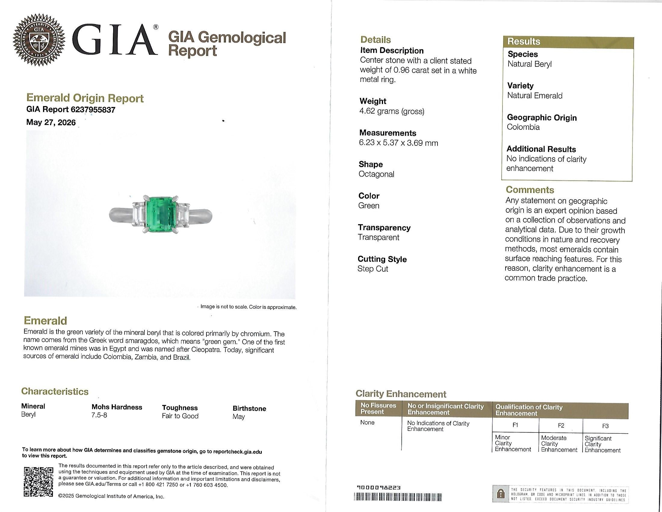 0.96ct GIA Colombian Untreated No Oil Emerald & Diamond Platinum Ring Size 5.75