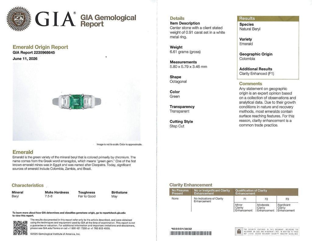 Rare 0.91ct GIA Colombian Emerald & 0.78ct Diamond Platinum Ring, Size 8.5