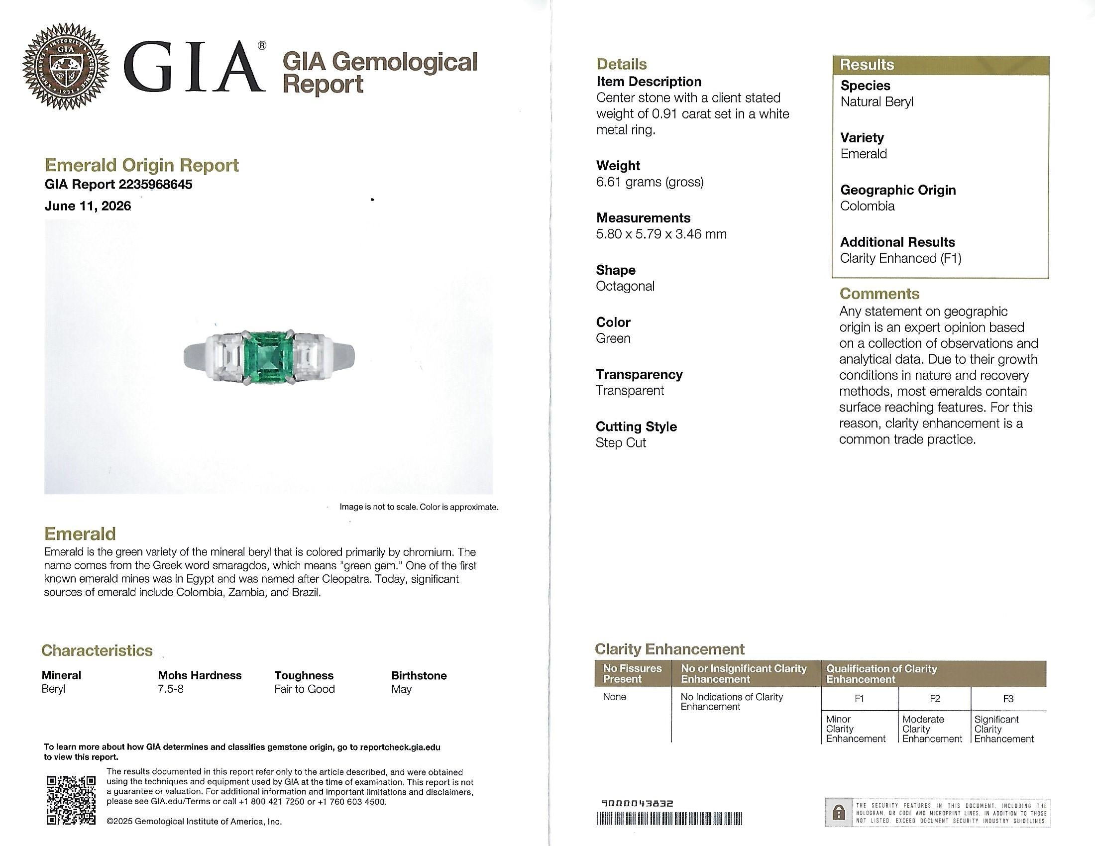 Rare 0.91ct GIA Colombian Emerald & 0.78ct Diamond Platinum Ring, Size 8.5