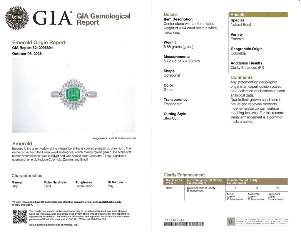 0.94ct GIA Natural Colombian Emerald & 0.39ct Diamond Platinum Ring, Size 6
