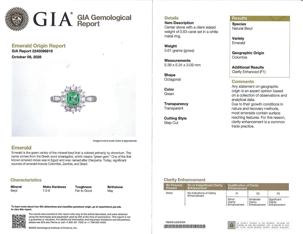 GEM 0.63ct GIA Natural Colombian Emerald 0.66ct Diamond Platinum Ring Size 6.75