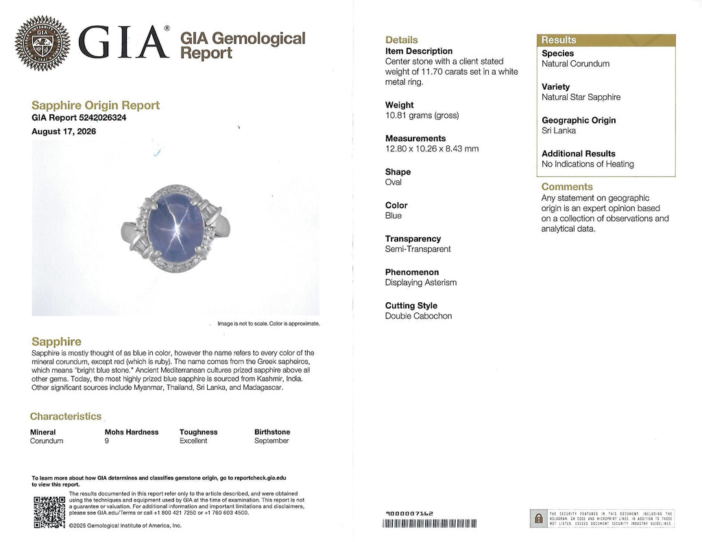 11.70ct GIA Natural Ceylon Star Sapphire & 0.89ct Diamond Platinum Ring Size 7