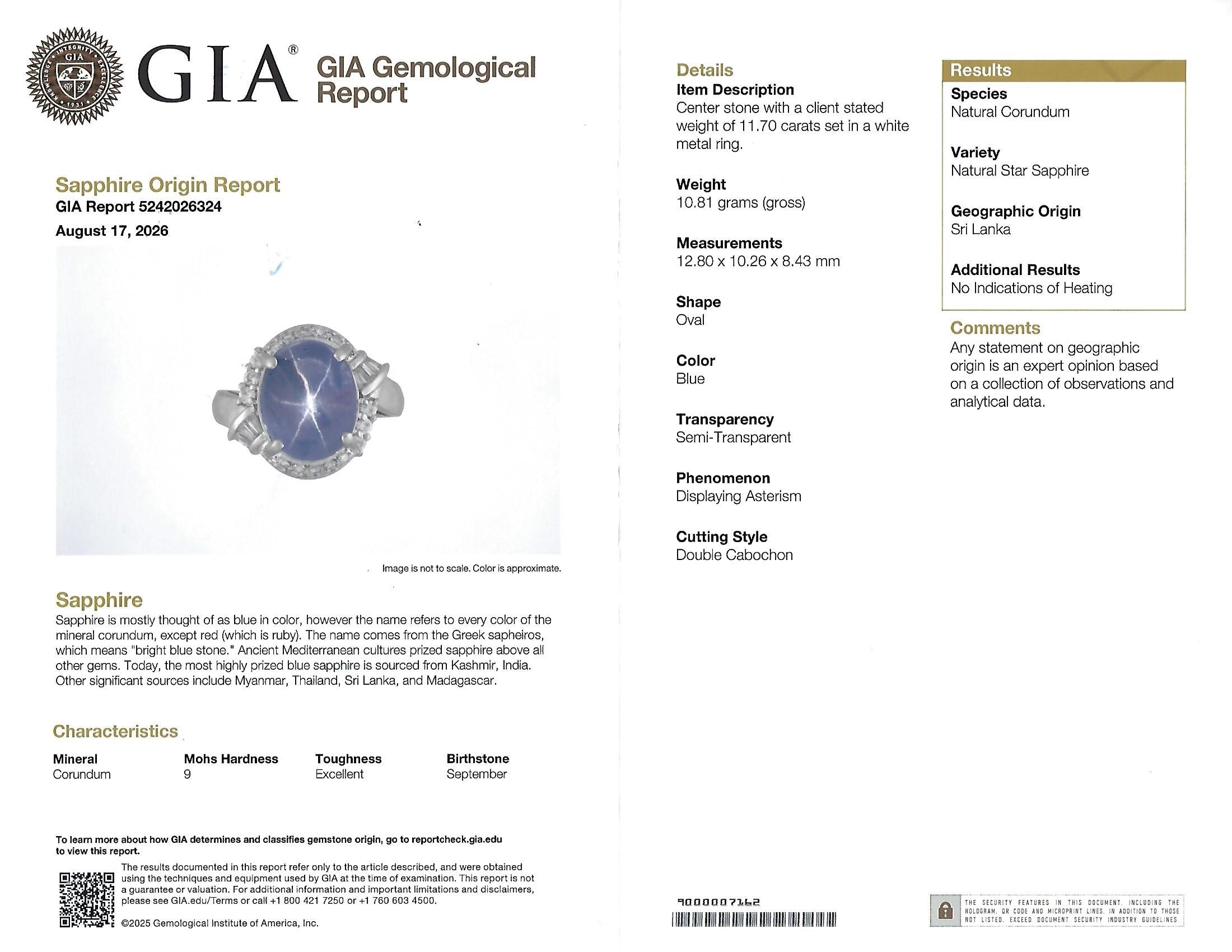 11.70ct GIA Natural Ceylon Star Sapphire & 0.89ct Diamond Platinum Ring Size 7