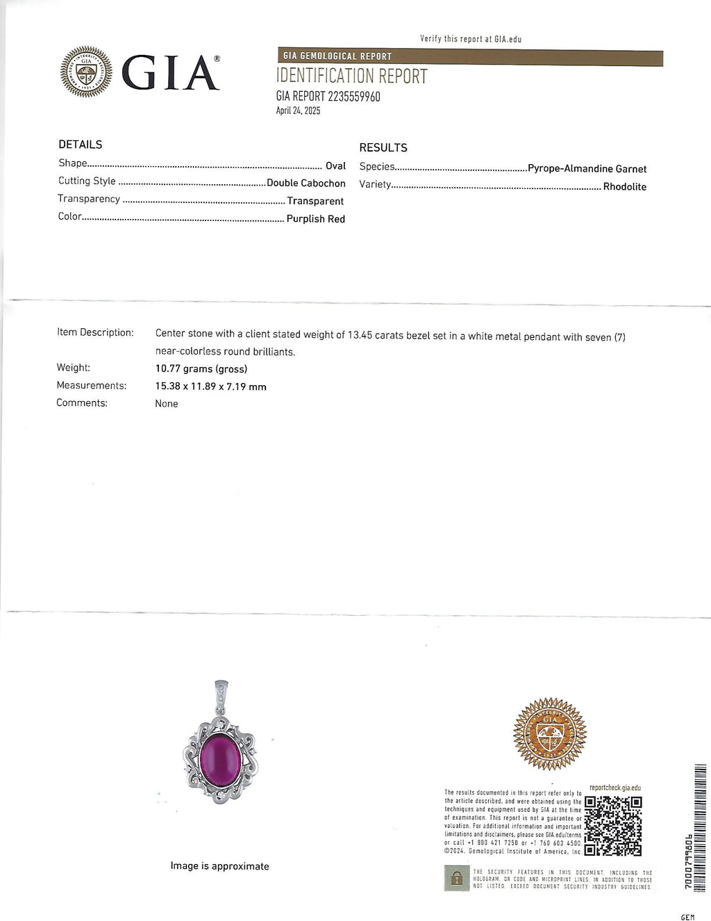 13.45ct GIA Certified Rhodolite Garnet & 0.12ct Diamond Platinum Pendant, 10.7g