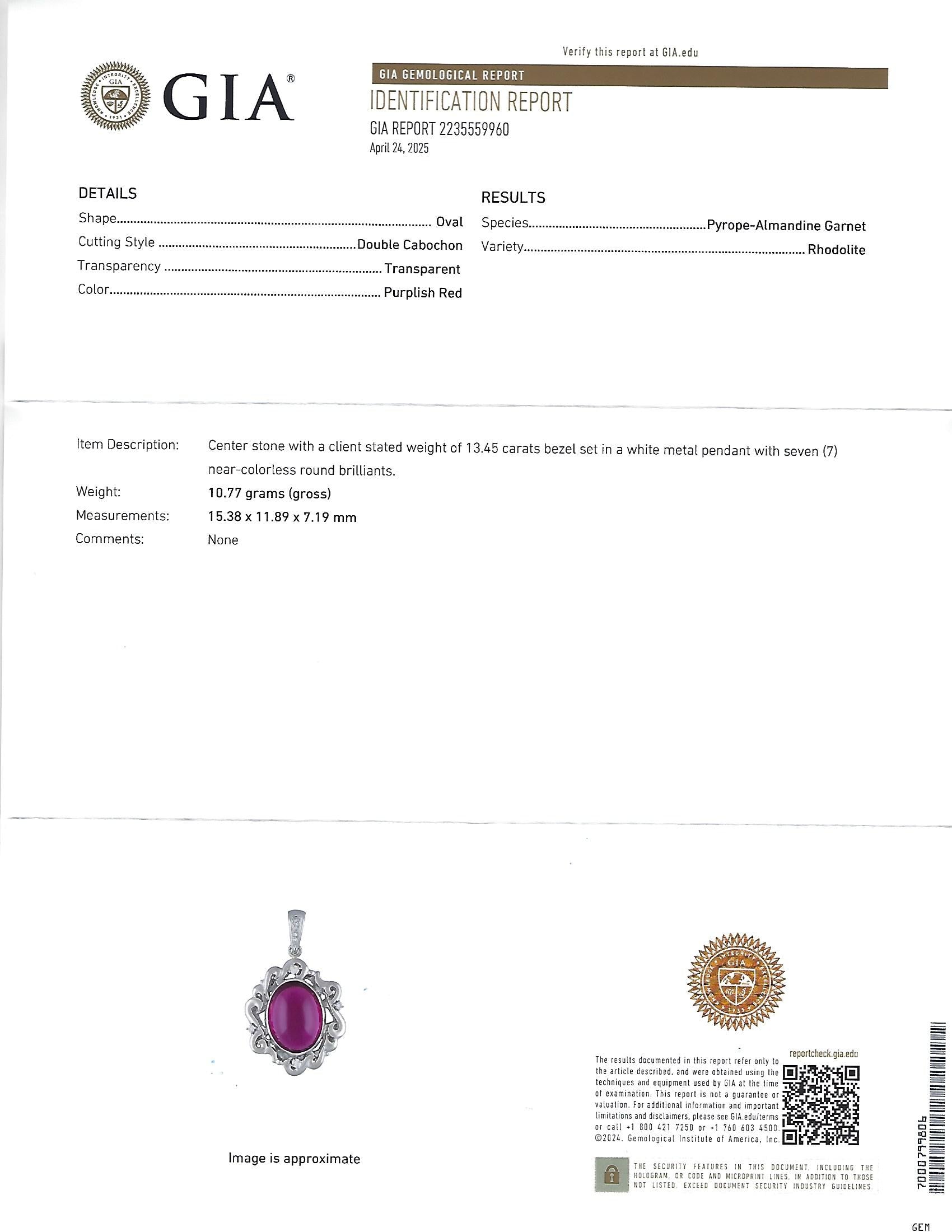13.45ct GIA Certified Rhodolite Garnet & 0.12ct Diamond Platinum Pendant, 10.7g