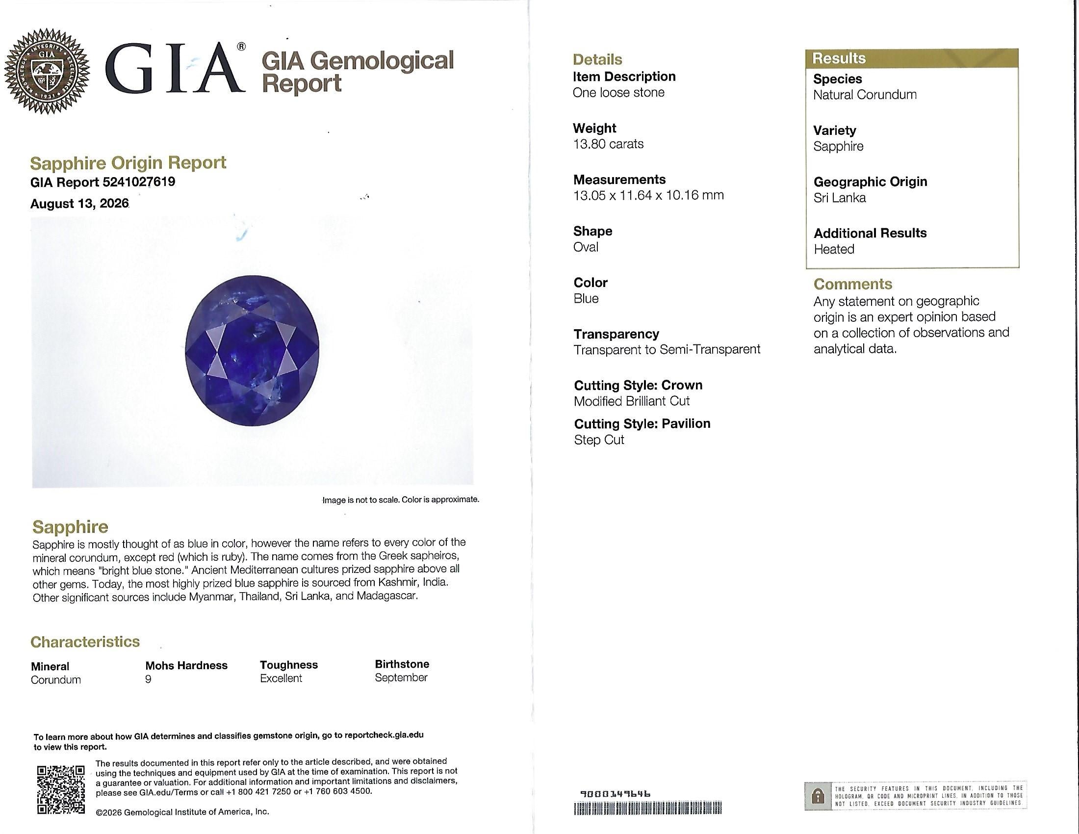 RARE! 13.80ct GIA Ceylon Blue Sapphire & 0.82ct Diamond Platinum Ring, Size 4.5