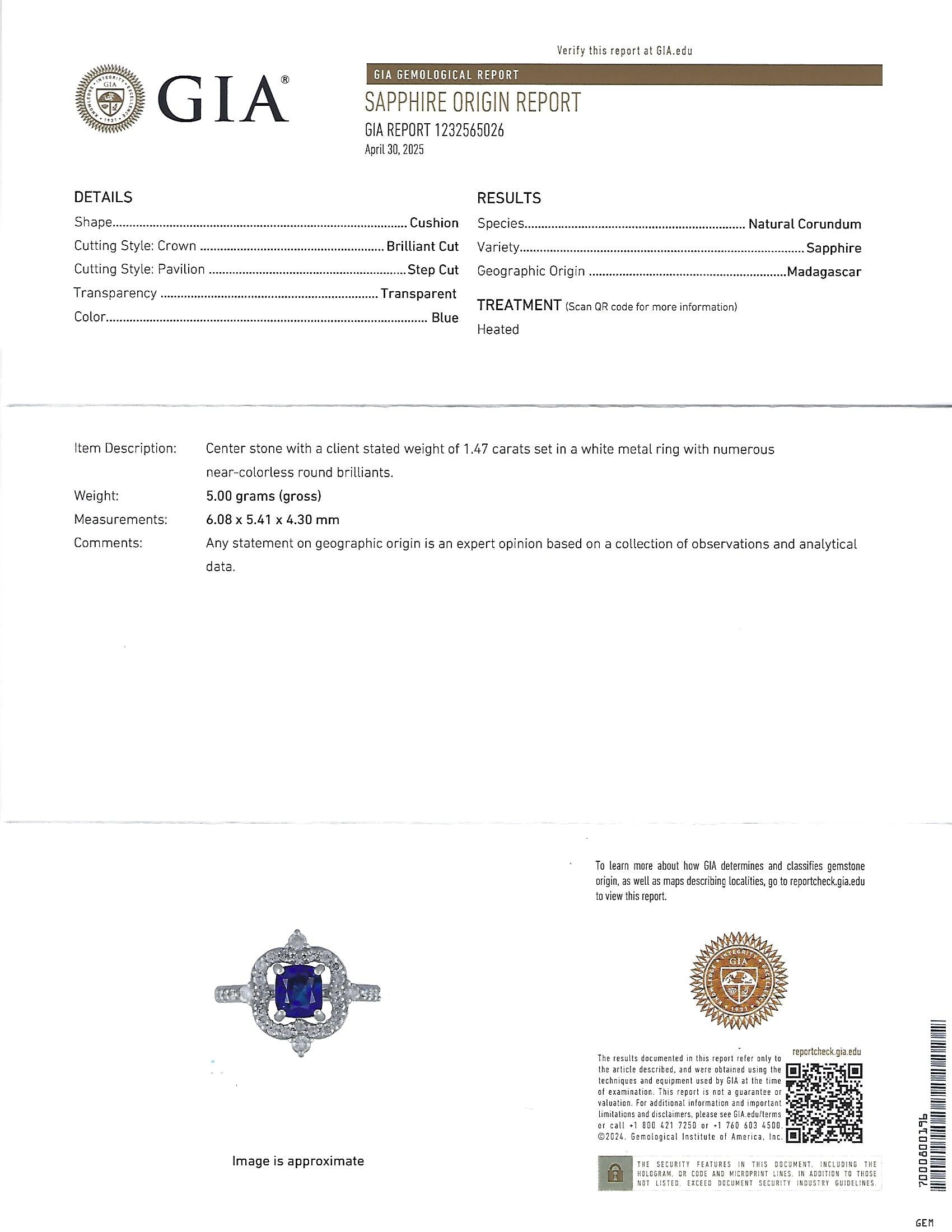 1.47ct Royal Blue GIA Certified Sapphire 0.48ct Diamond Platinum Ring, Size 6.5