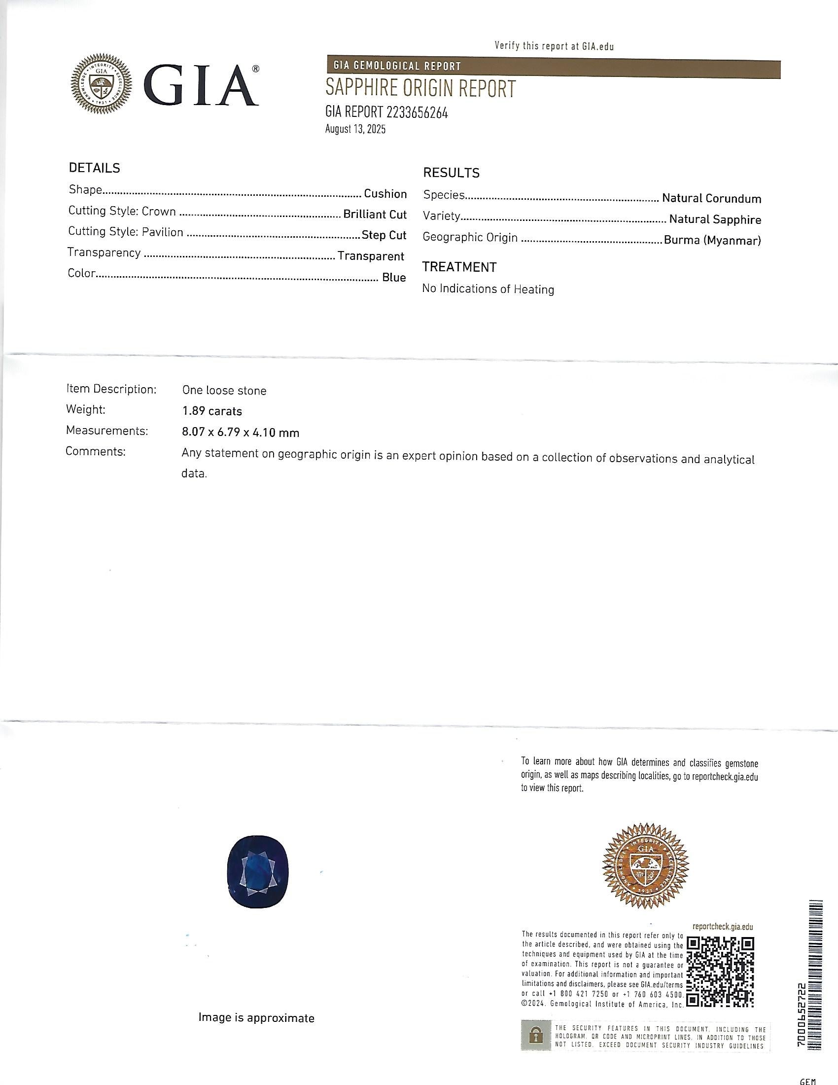 1.89ct GIA Burma No Heat Blue Sapphire & 0.54ct Diamond Platinum Ring Size 7.5
