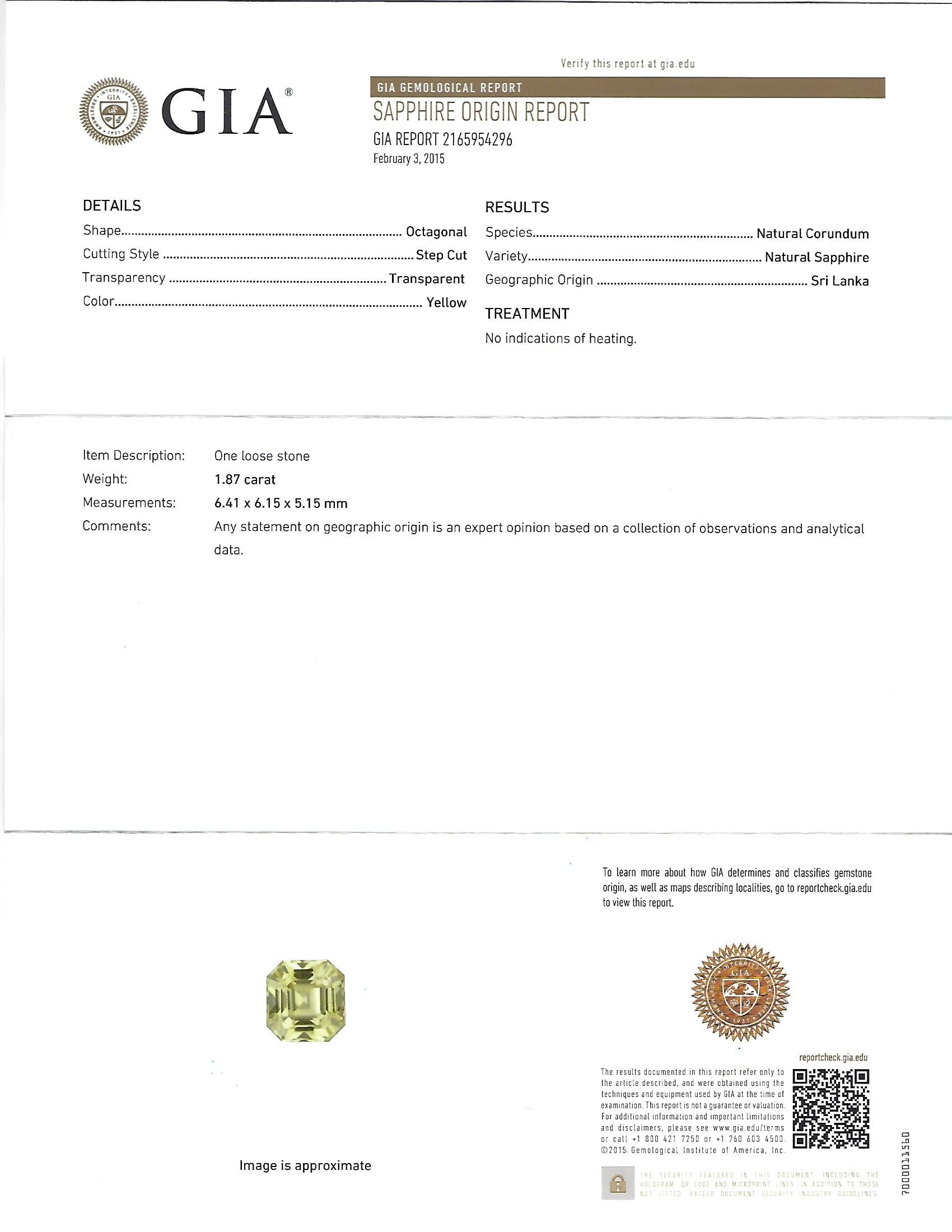 1.87ct GIA Ceylon No Heat Yellow Sapphire 0.45ct Diamond Platinum Ring Size 5.75