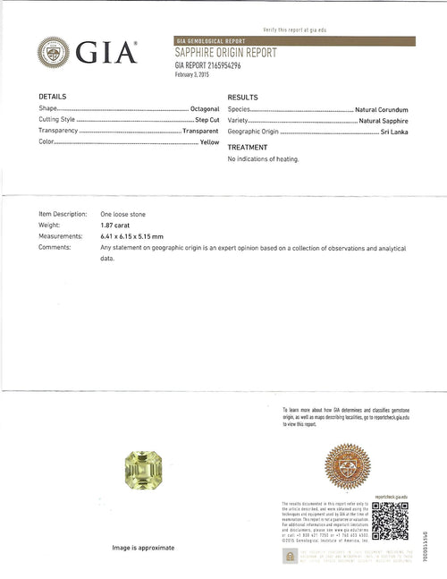1.87ct GIA Ceylon No Heat Yellow Sapphire 0.45ct Diamond Platinum Ring Size 5.75