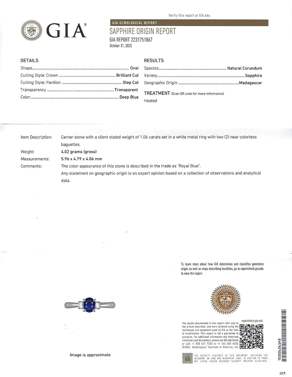 1.06ct GIA Royal Blue Sapphire 0.12ct Diamond Platinum Ring Size 7.25