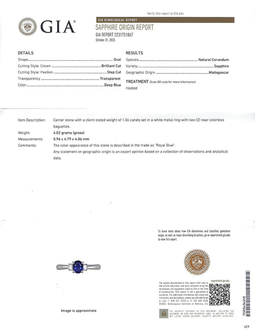 1.06ct GIA Royal Blue Sapphire 0.12ct Diamond Platinum Ring Size 7.25