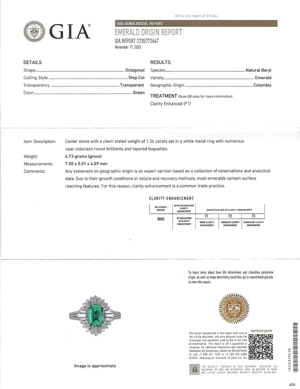 Fine 1.36ct GIA Certified Colombian Emerald 0.75ct Diamond Platinum Ring Size 5