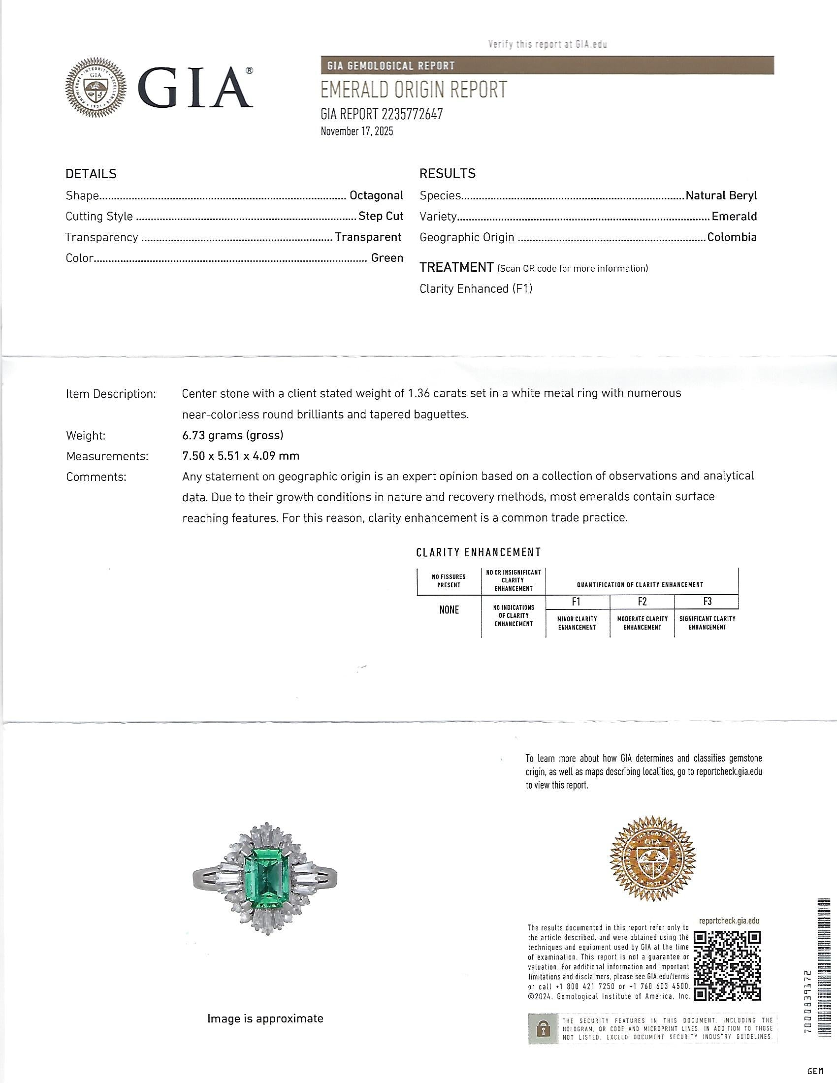Fine 1.36ct GIA Certified Colombian Emerald 0.75ct Diamond Platinum Ring Size 5