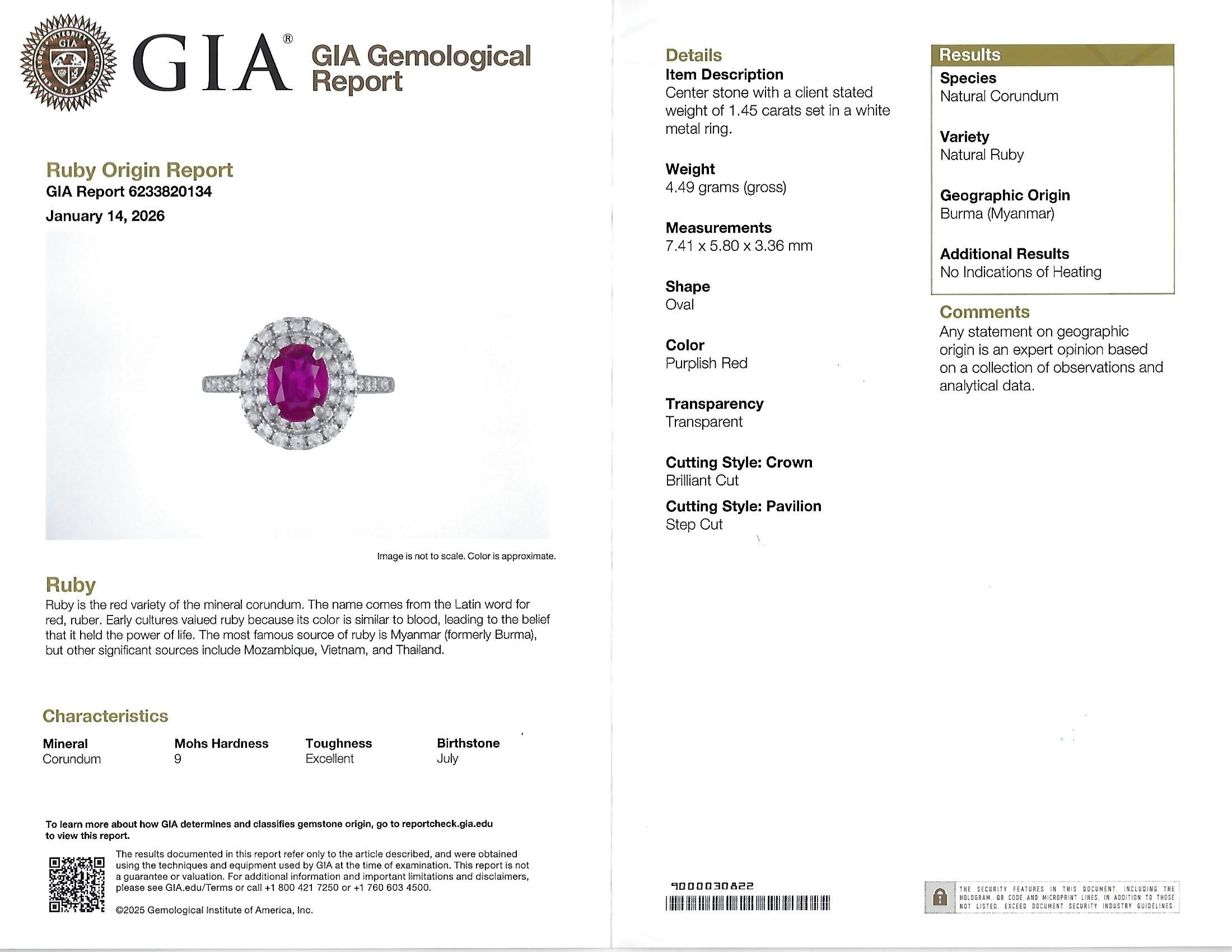 1.45ct GIA Certified Burma No Heat Ruby 0.55ct Diamond Platinum Ring Size 6