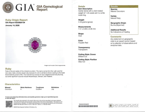 1.45ct GIA Certified Burma No Heat Ruby 0.55ct Diamond Platinum Ring Size 6