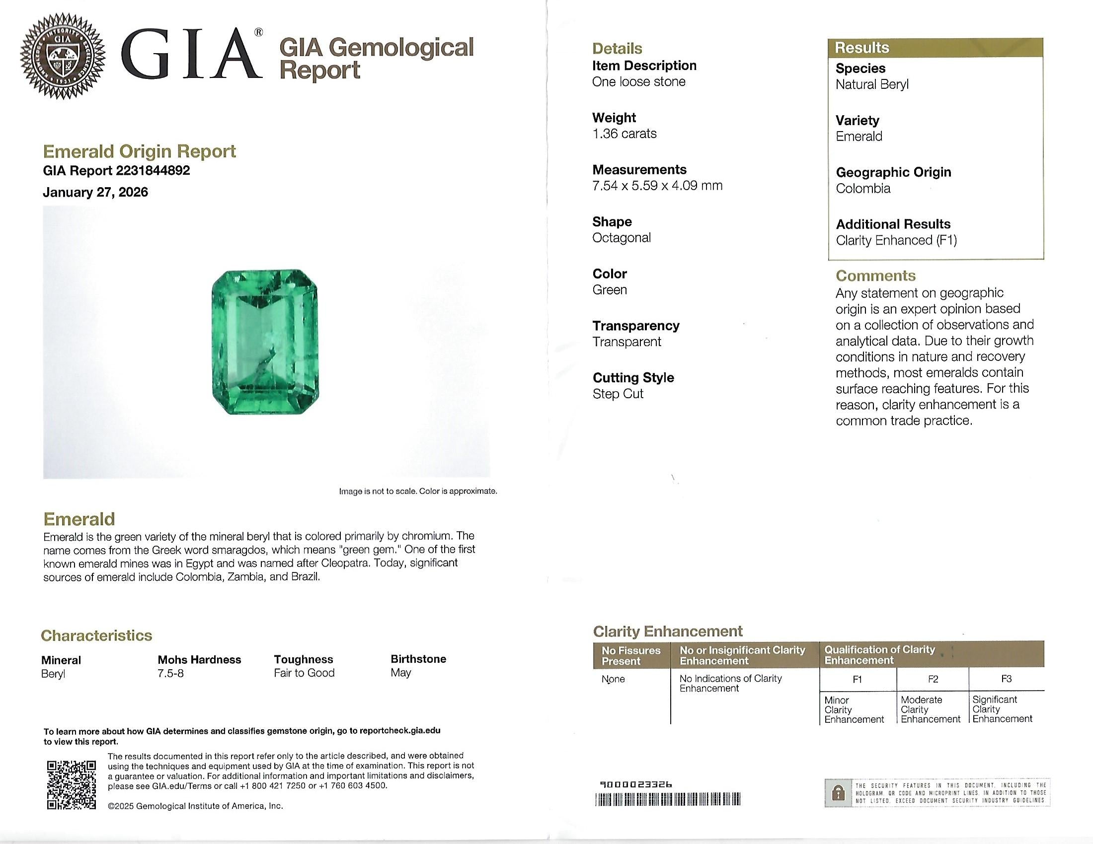 Fine 1.36ct GIA Certified Colombian Emerald 0.75ct Diamond Platinum Ring Size 5