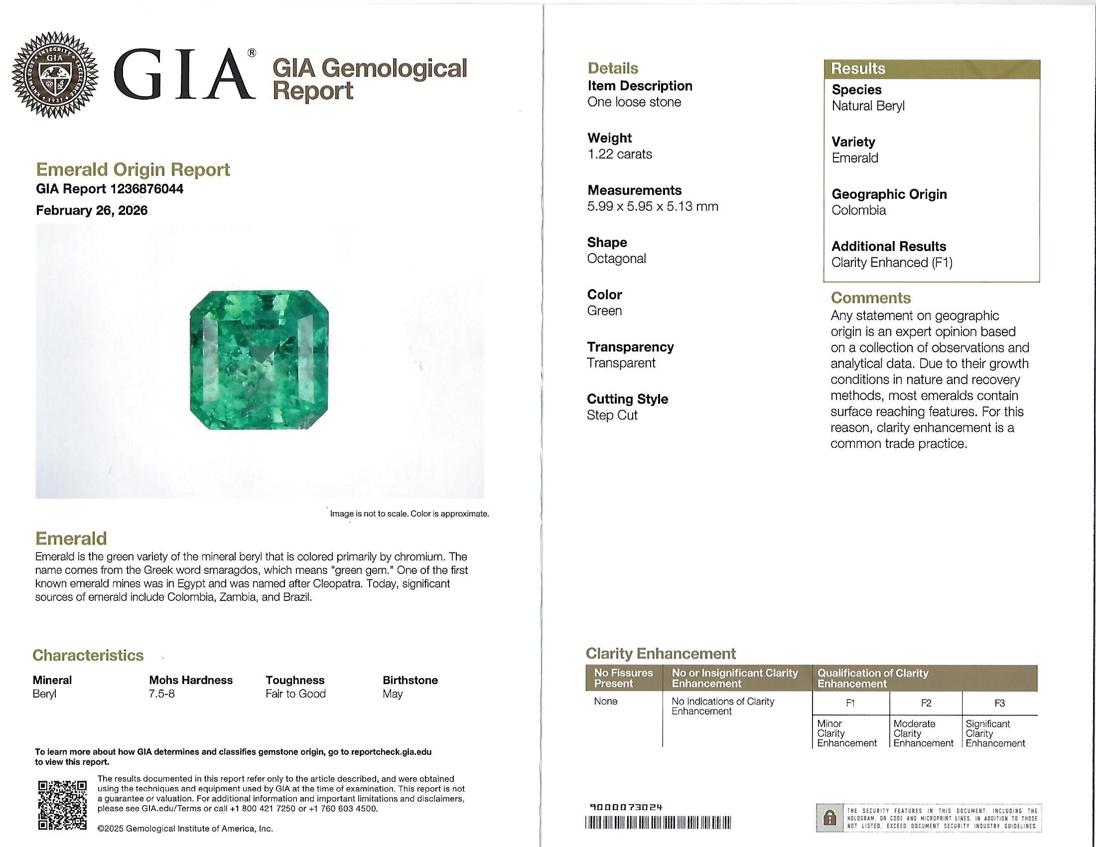 Fine 1.22ct GIA Colombian Emerald & 0.63ct Diamond Platinum Ring, 5.4g Size 5