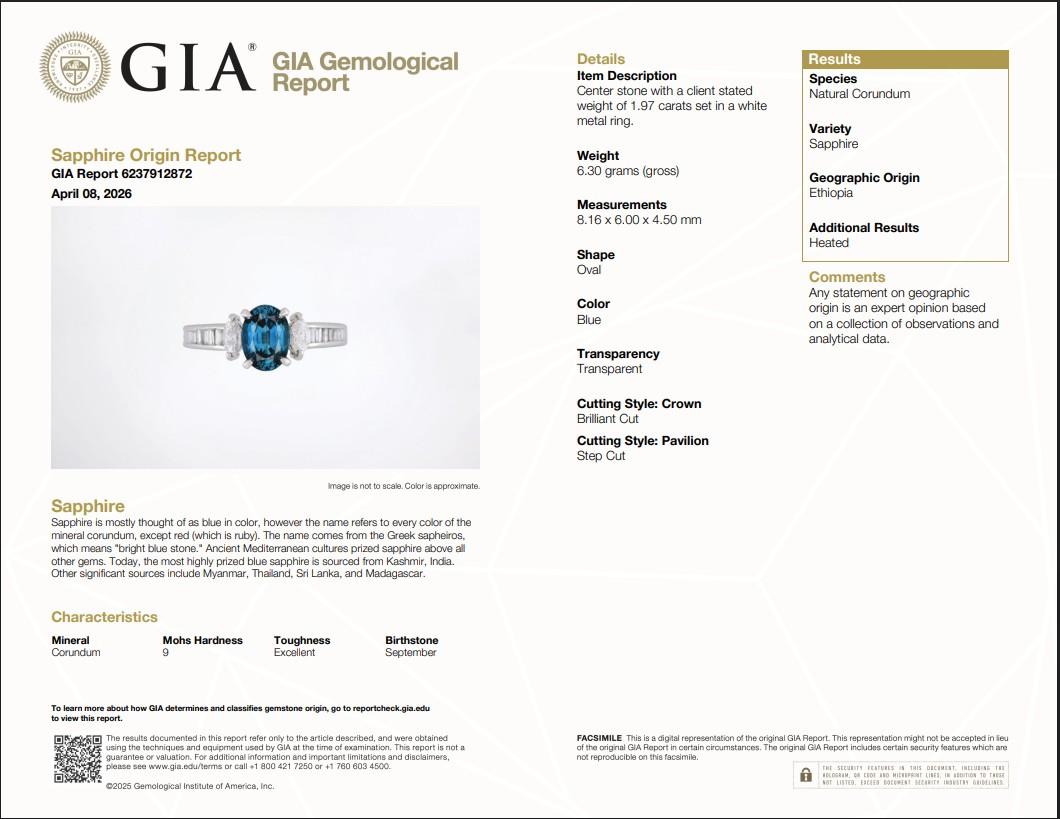Fine 1.97ct GIA Certified Blue Sapphire & 0.50ct Diamond Platinum Ring Size 6.5