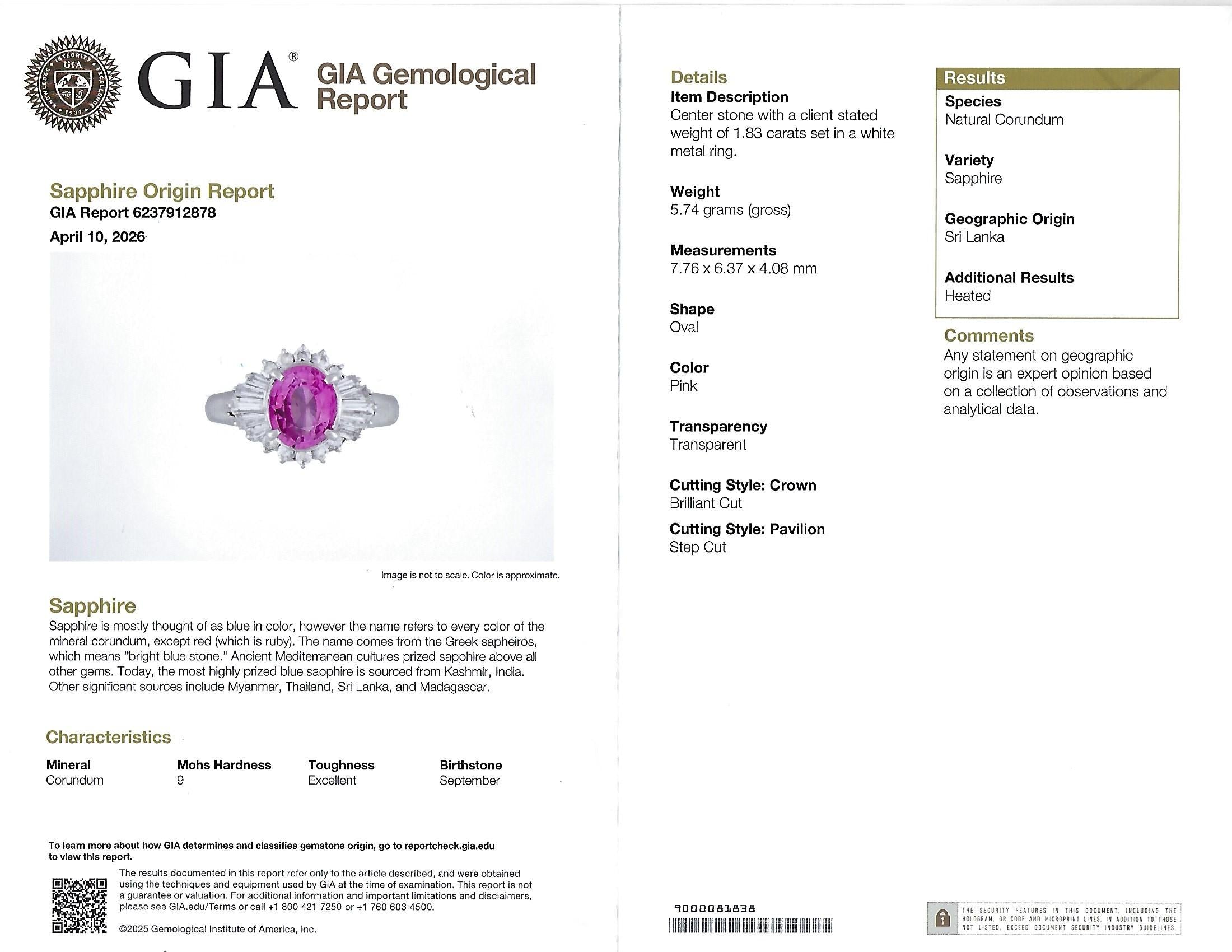 Fine 1.83ct Vivid Pink Sapphire & 0.58ct Diamond Platinum Ring Size 6.5, 5.7g