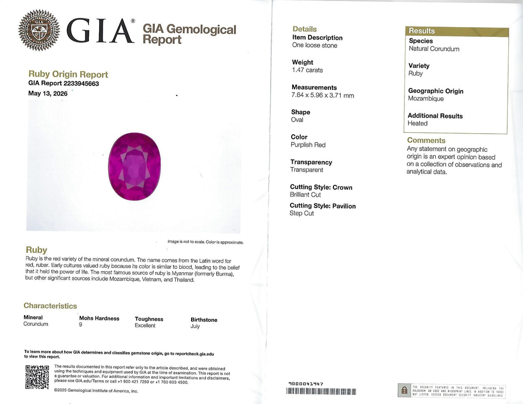 Fine 1.47ct GIA Mozambique Vivid Red Ruby & 0.61ct Diamond Platinum Ring Size 6