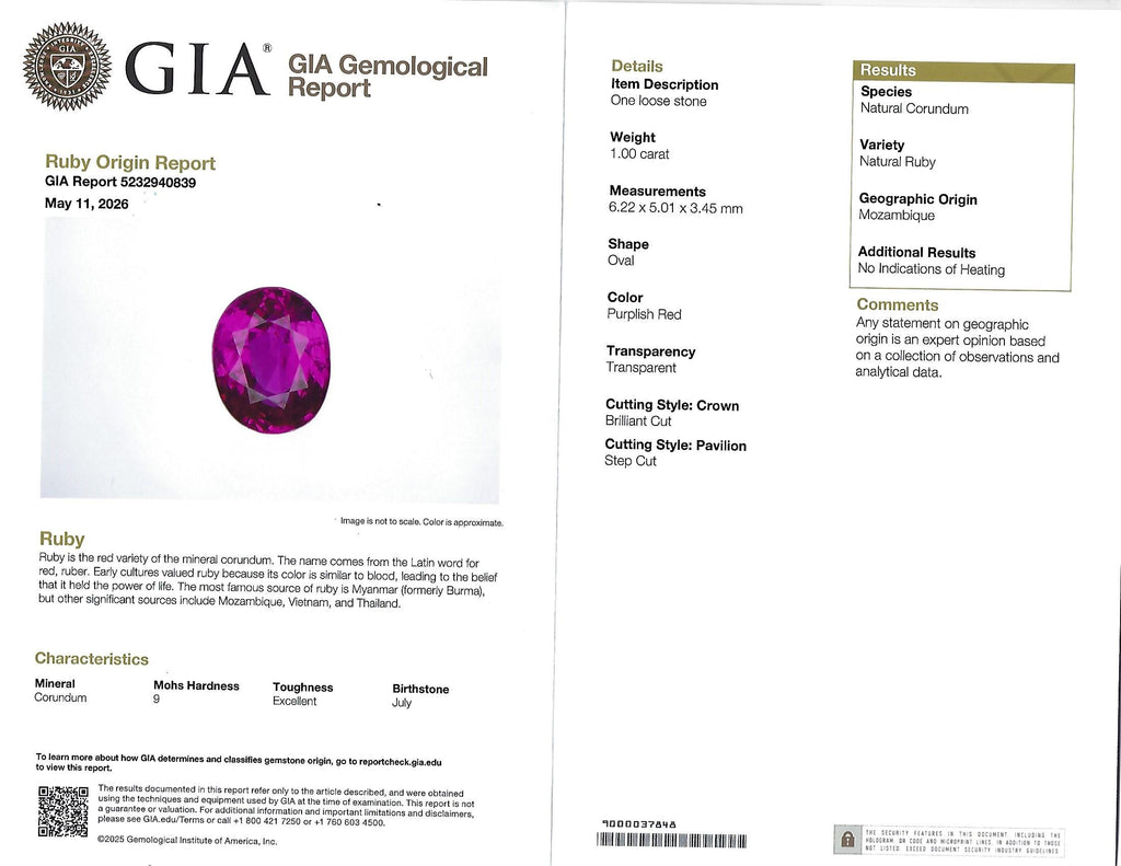 Fine 1.0ct GIA Mozambique No Heat Ruby & 0.64ct Diamond Platinum Ring Size 5.75