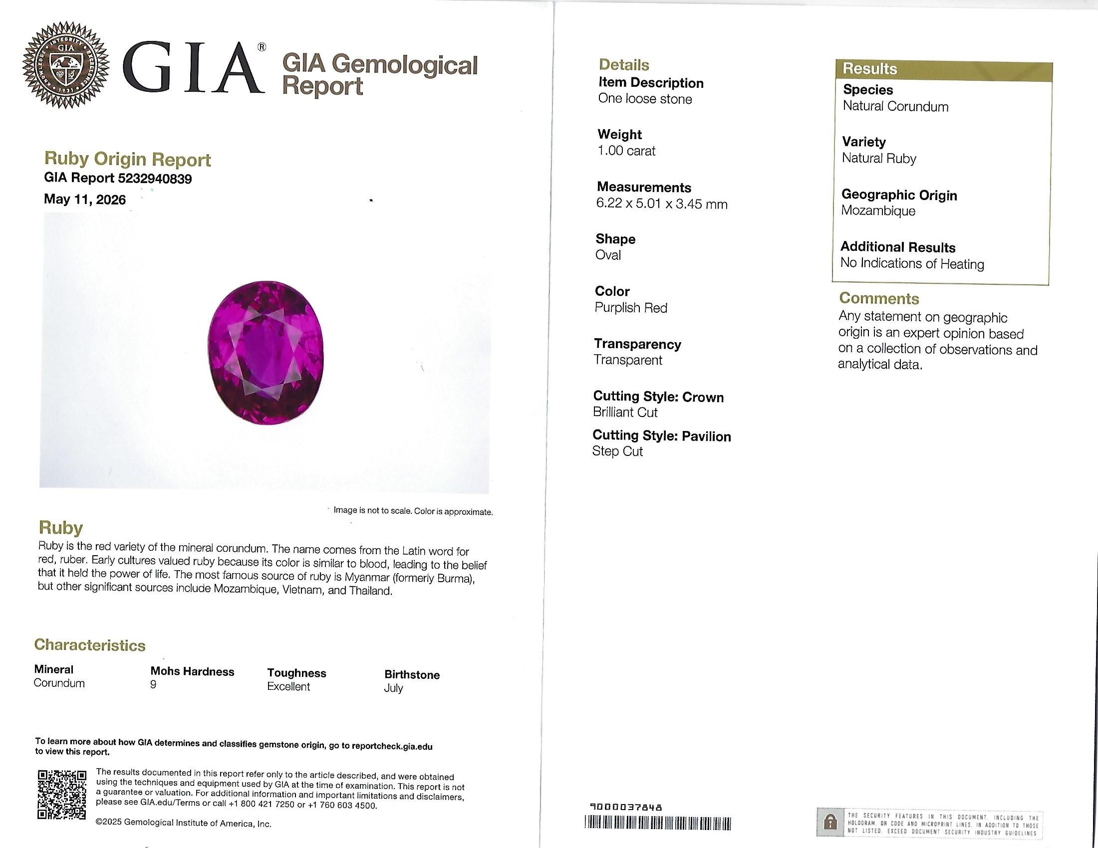 Fine 1.0ct GIA Mozambique No Heat Ruby & 0.64ct Diamond Platinum Ring Size 5.75