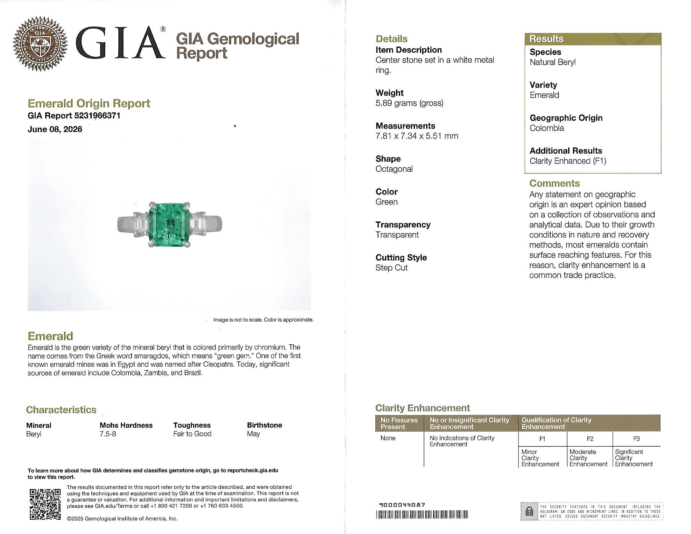Fine 1.98ct GIA Colombian Emerald & 0.28ct Diamond Platinum Ring, Size 6.25
