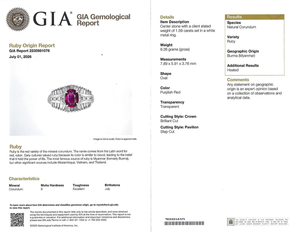 Fine 1.59ct GIA Intense Red Burma Ruby & 1.22ct Diamond Platinum Ring, Size 7.75
