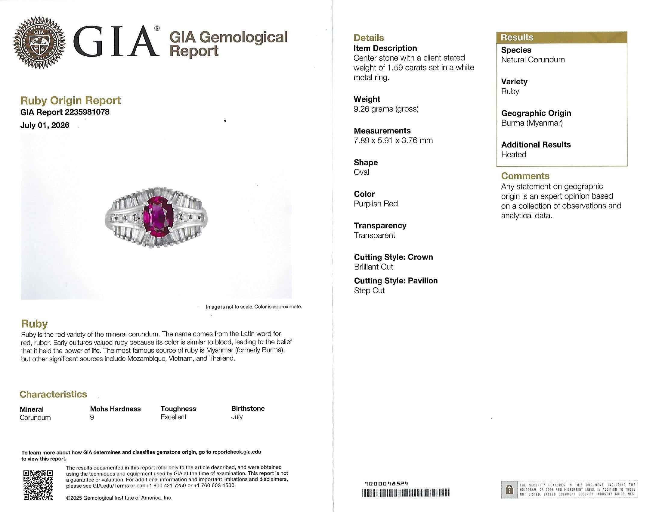 Fine 1.59ct GIA Intense Red Burma Ruby & 1.22ct Diamond Platinum Ring, Size 7.75