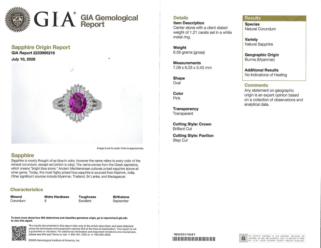 1.21ct GIA Burma No Heat Pink Sapphire & 0.40ct Diamond Platinum Ring, Size 4.5