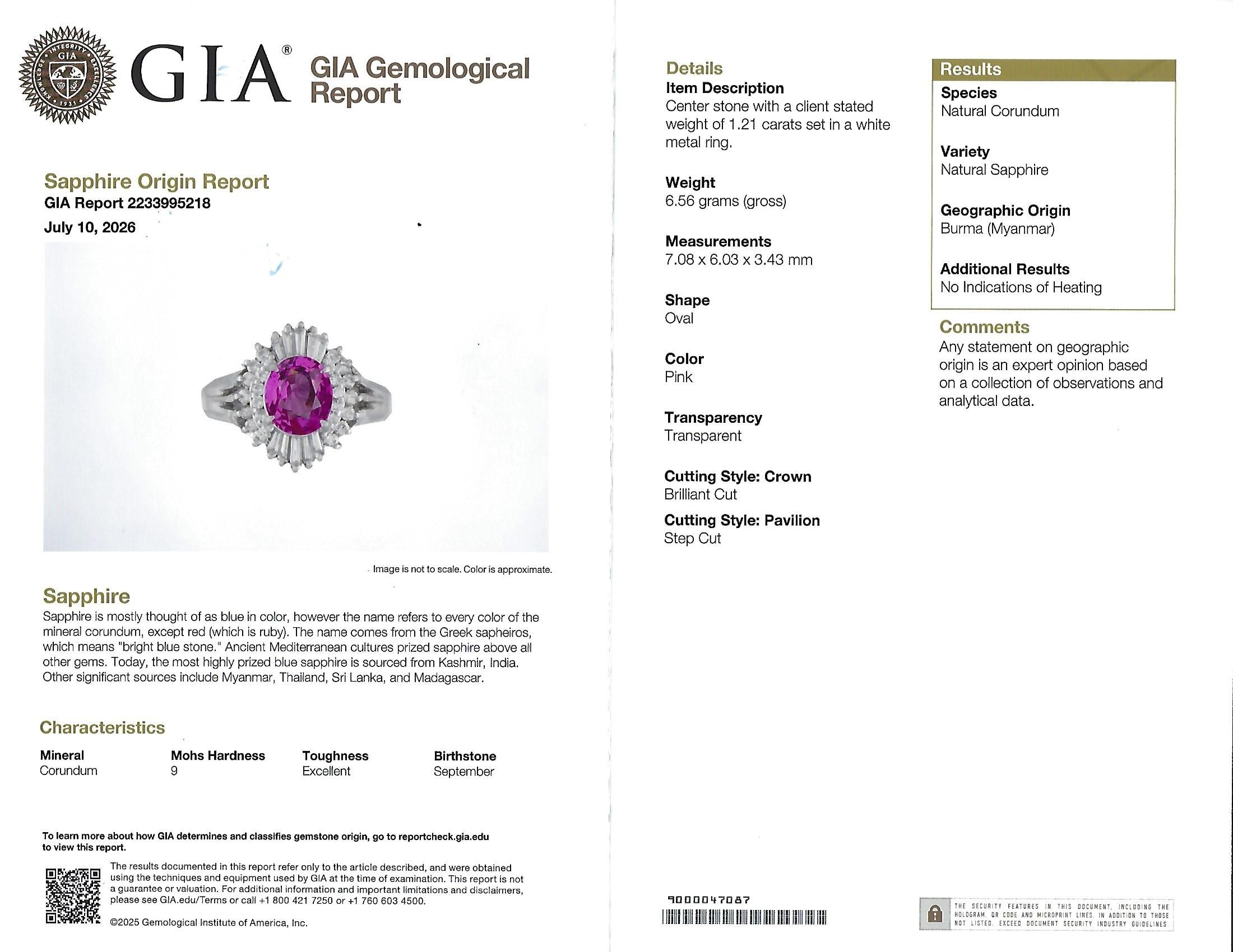 1.21ct GIA Burma No Heat Pink Sapphire & 0.40ct Diamond Platinum Ring, Size 4.5