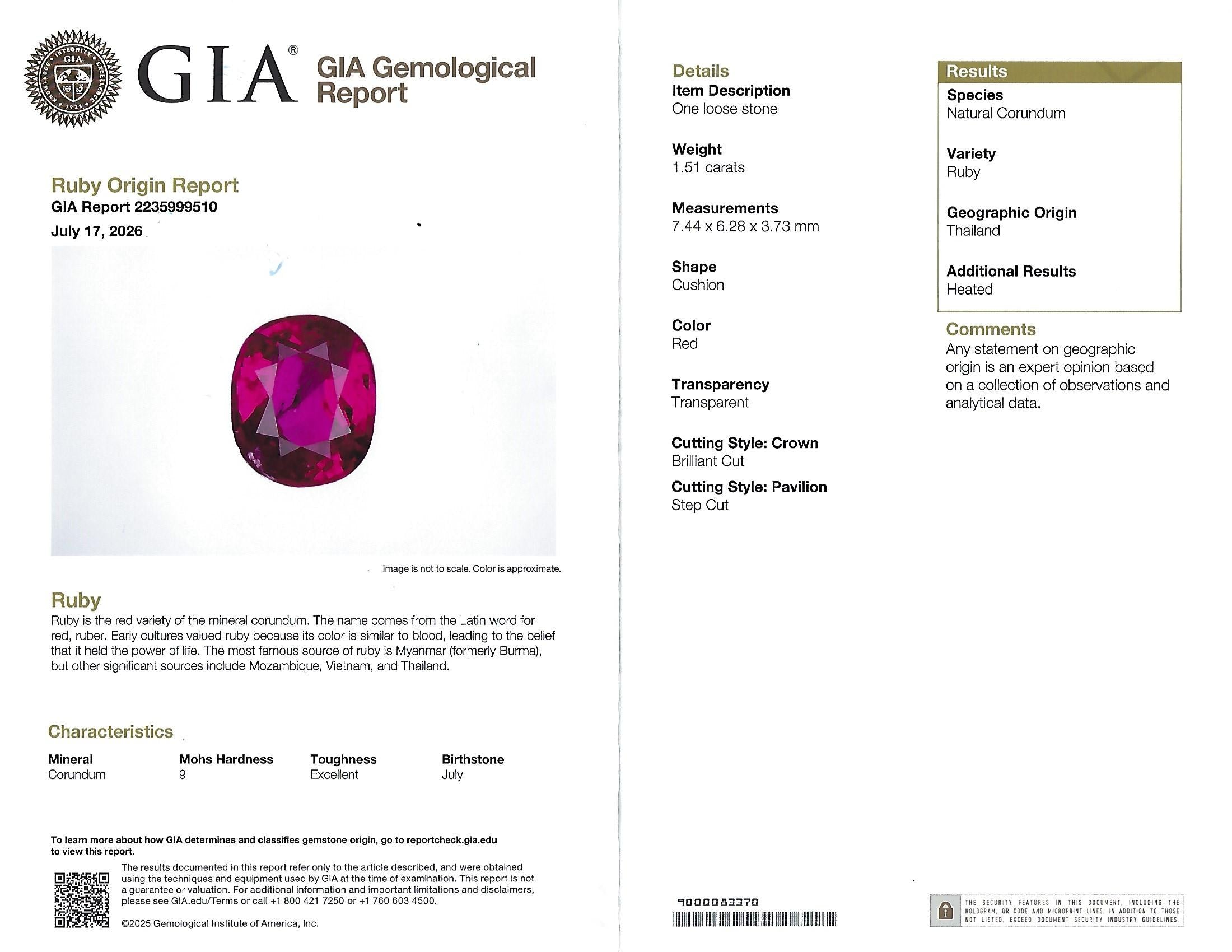 Fine 1.51ct GIA Intense Red Ruby & 1.84ct Diamond Platinum Ring, Size 6.5