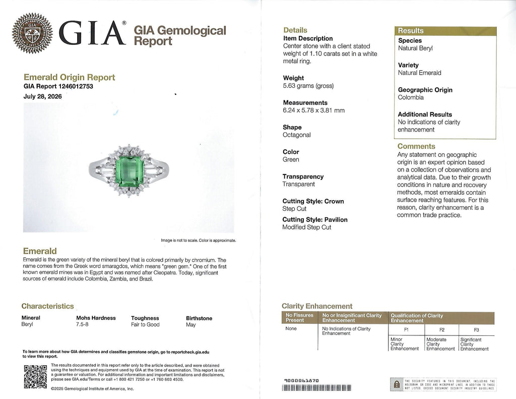 GEM! 1.10ct GIA Colombian No Oil Emerald &0.23ct Diamond Platinum Ring Size 3.75