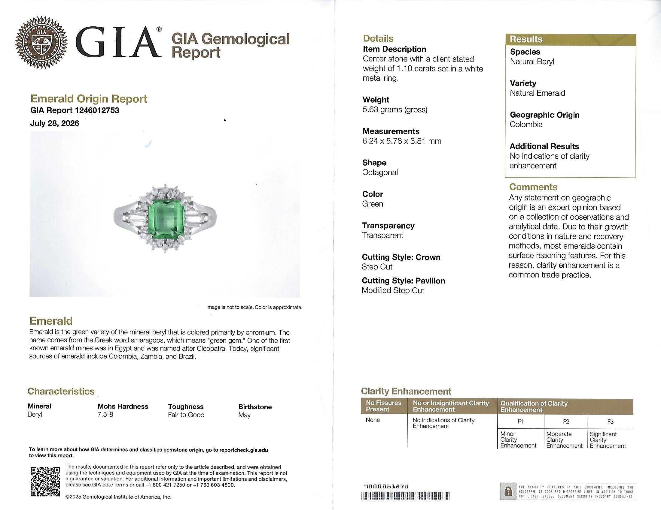 GEM! 1.10ct GIA Colombian No Oil Emerald &0.23ct Diamond Platinum Ring Size 3.75