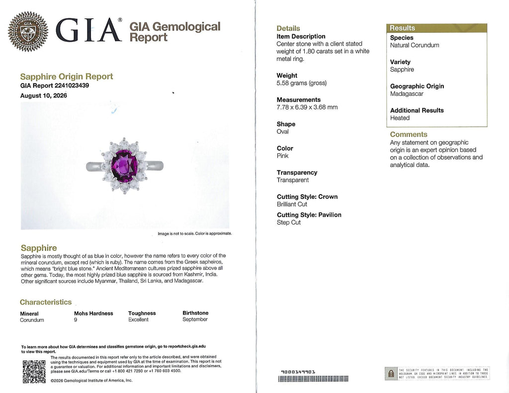 1.80ct GIA Madagascar Pink Sapphire 0.60ct Diamond Halo Platinum Ring Size 5.75