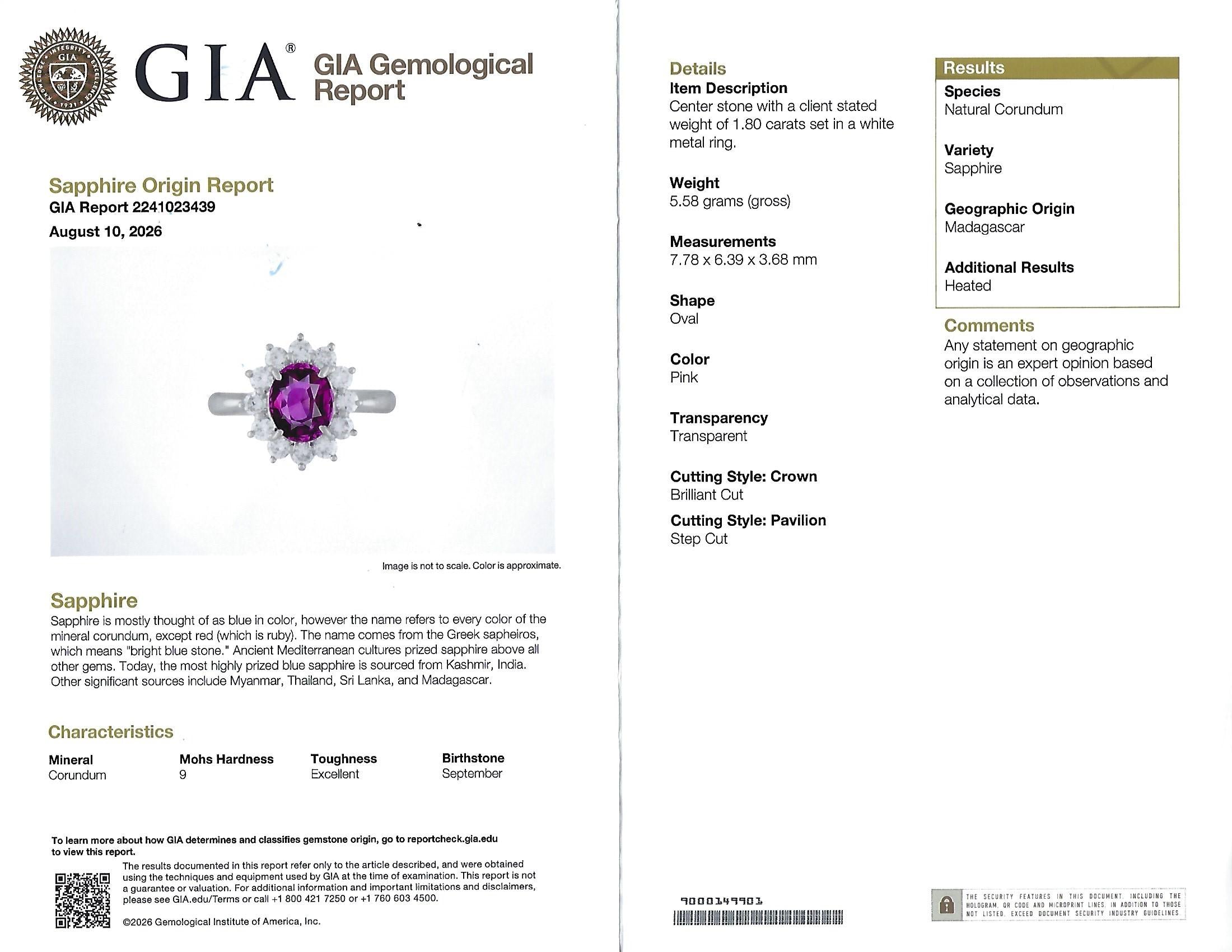 1.80ct GIA Madagascar Pink Sapphire 0.60ct Diamond Halo Platinum Ring Size 5.75