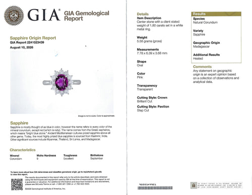 1.80ct GIA Madagascar Pink Sapphire 0.60ct Diamond Halo Platinum Ring Size 5.75