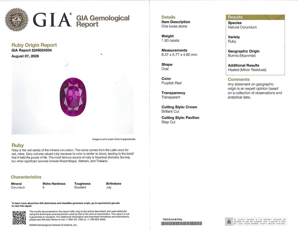 Fine 1.90ct GIA Burma Ruby & 0.28ct Diamond Platinum Ring, Size 6.25