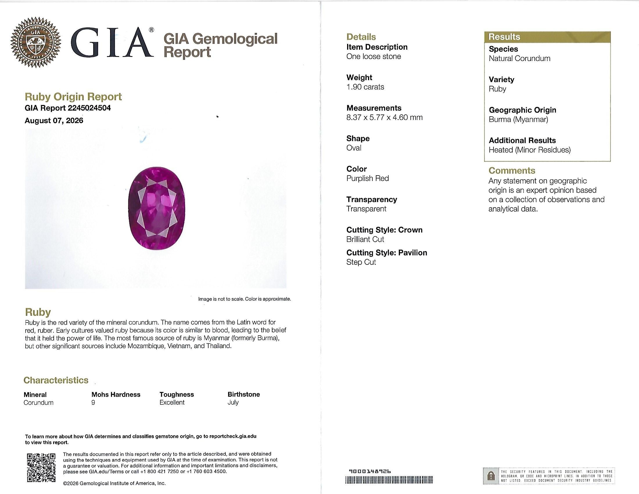 Fine 1.90ct GIA Burma Ruby & 0.28ct Diamond Platinum Ring, Size 6.25
