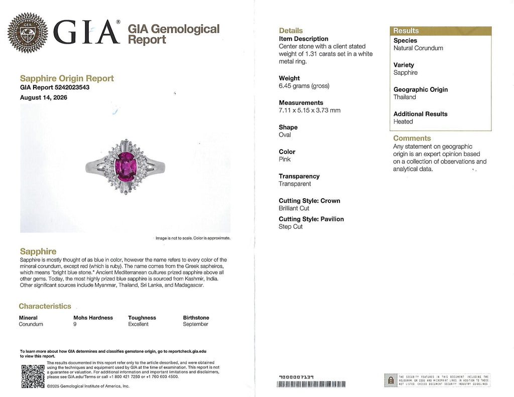 Rare 1.31ct GIA Thai Pink Sapphire & 0.35ct Diamond Halo Platinum Ring Size 7.5