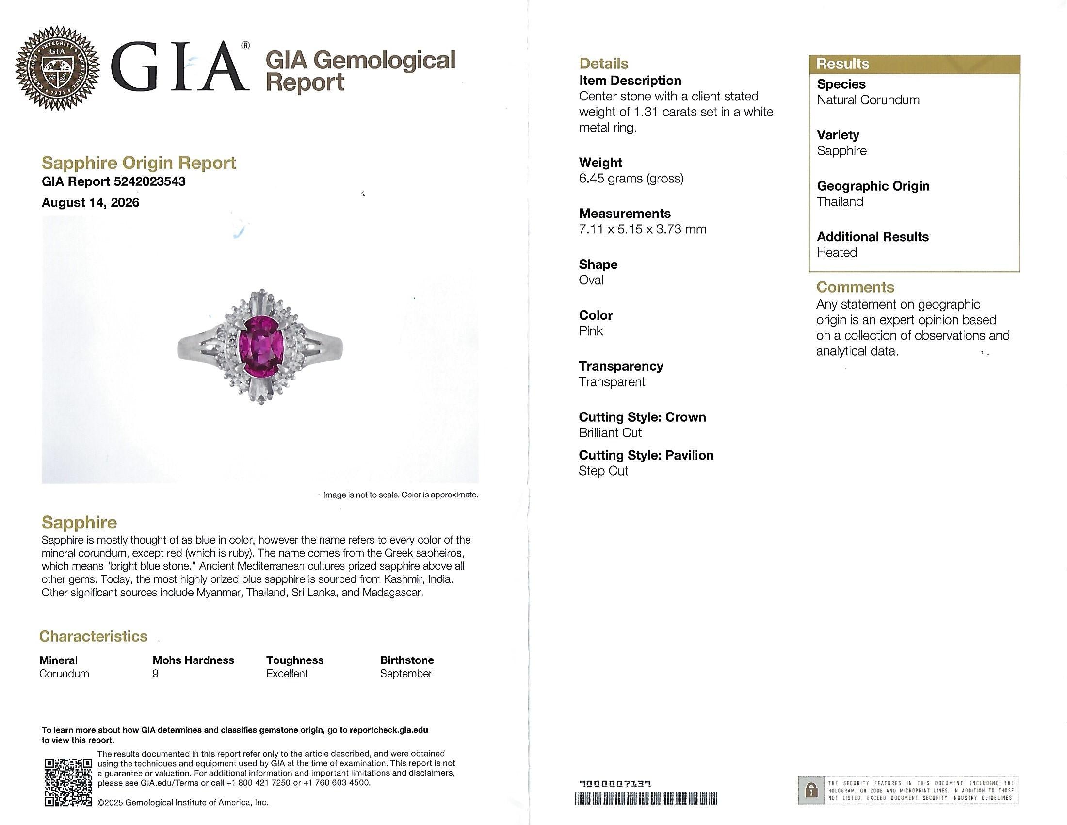 Rare 1.31ct GIA Thai Pink Sapphire & 0.35ct Diamond Halo Platinum Ring Size 7.5