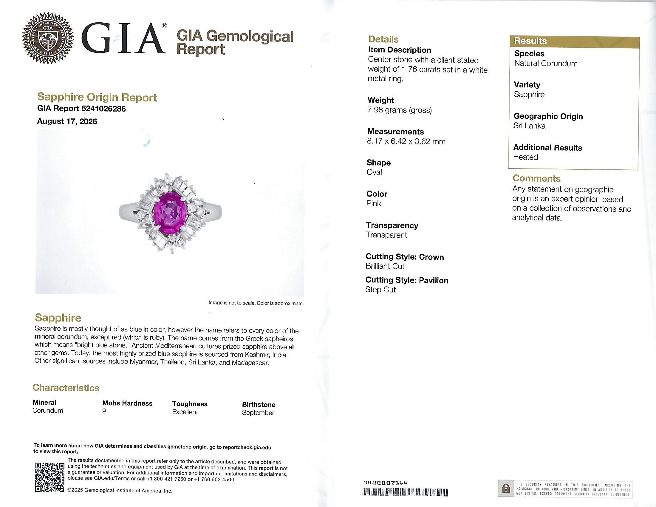 Fine 1.76ct GIA Ceylon Pink Sapphire & 0.71ct Diamond Platinum Ring Size 8.75