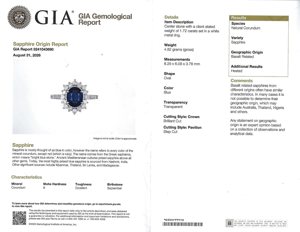 Fine 1.72ct GIA Blue Sapphire & 0.78ct Diamond Platinum Ring Size 5.75