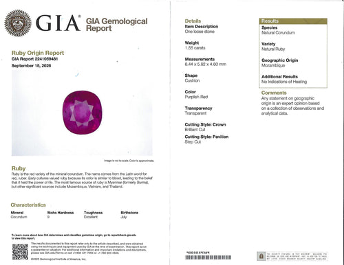 1.55ct GIA Mozambique NO HEAT Ruby 0.75ct Diamond Halo Platinum Ring, Size 6.75